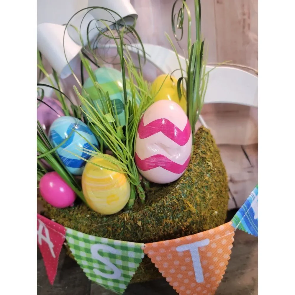 White easter‎ bunny egg grass sign decor spring bow